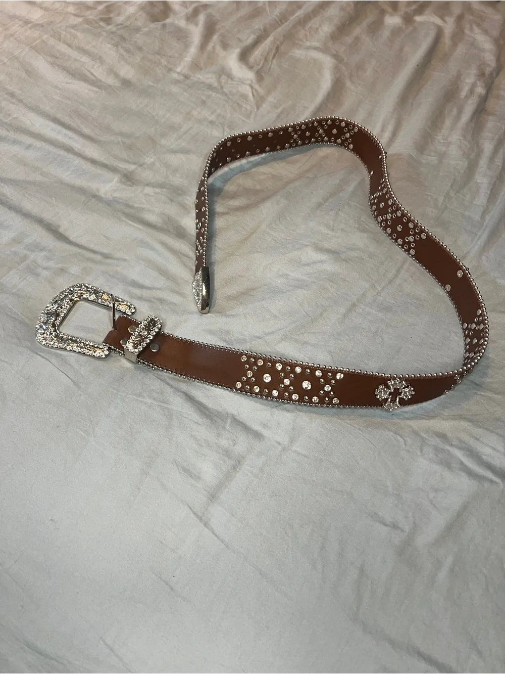 Y2K Brown Crystal-Studded Women's Leather Belt